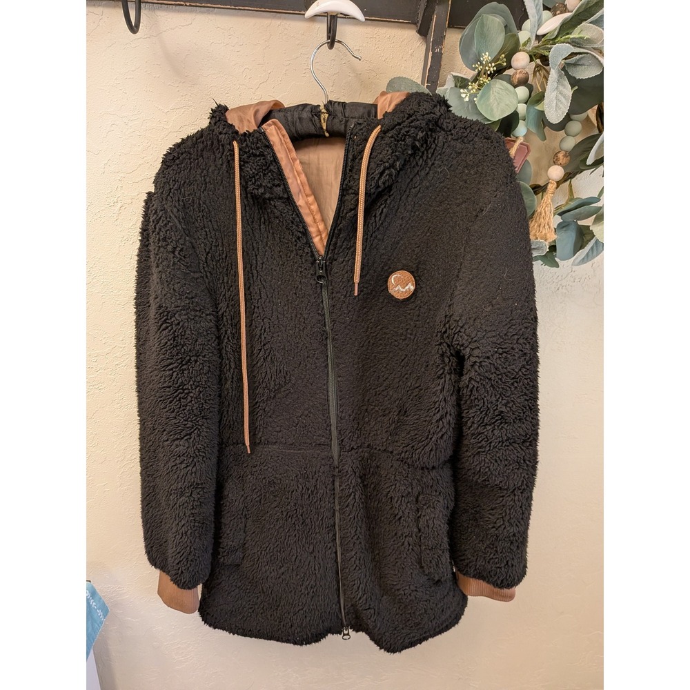 Zyia Active Black Sherpa Fleece Hooded Jacket Womens Medium Mountain Patch Zip
